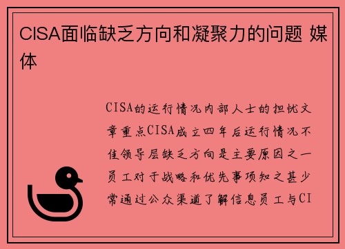 CISA面临缺乏方向和凝聚力的问题 媒体 CISA面临缺乏方向和凝聚力的问题 媒体